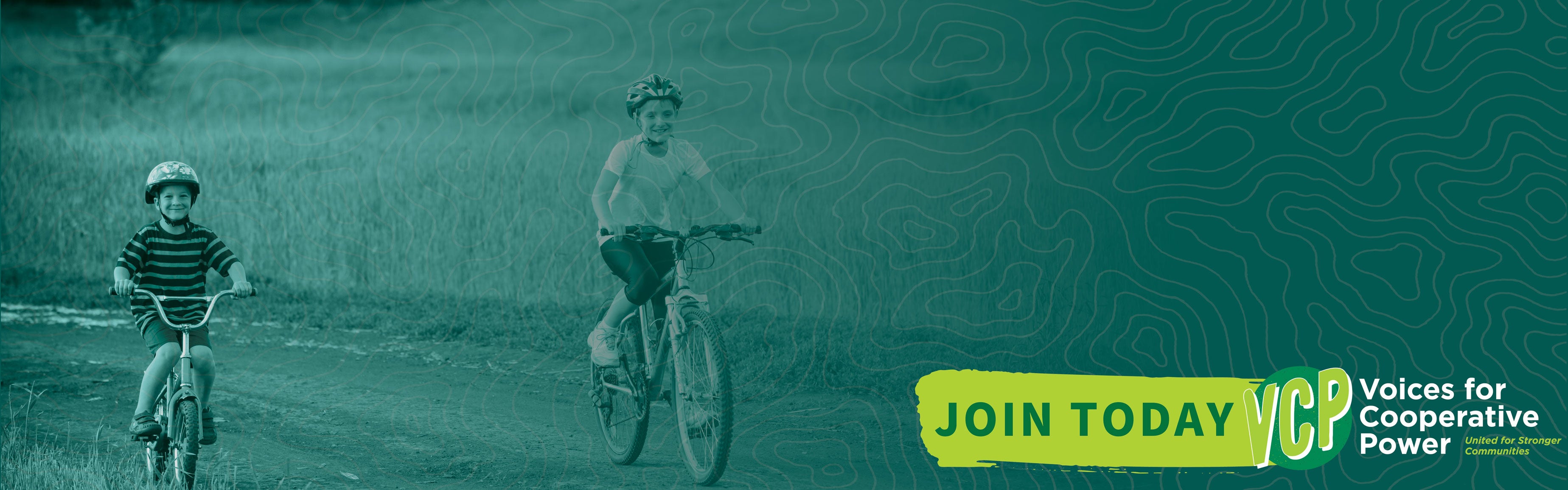 Two kids riding bikes on a gravel road. The image is overlade with green color and has a Voices for Cooperative Power logo in the bottom right corner.