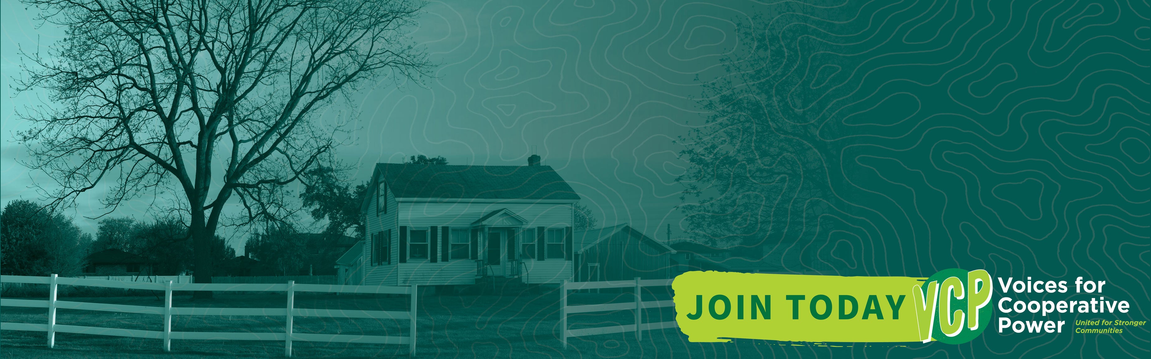 A farmhouse with white picket fence. The image is overlade with green color and has a Voices for Cooperative Power logo in the bottom right corner.